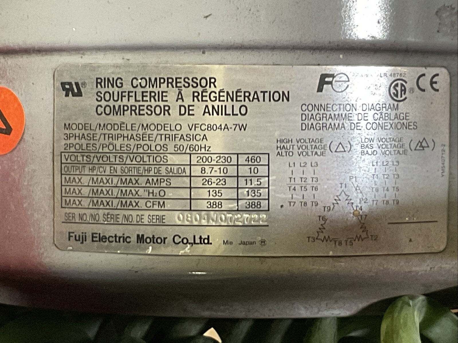 FUJI ELECTRIC VFC804A-7W RING COMPRESSOR 3PH 2POLE 50/60HZ 460V 10HP1