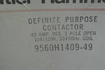 CUTLER-HAMMER 9560H1409-49 DEF PURPOSE CONTACTOR 40A 104/120V COIL 9560H1409B8