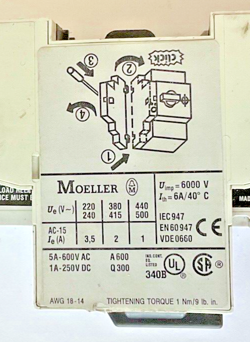 MOELLER PKZM0-6.3 CIRCUIT BREAKER SER.02 600VAC W/NHI11-PKZ0 AUX CONTACT6