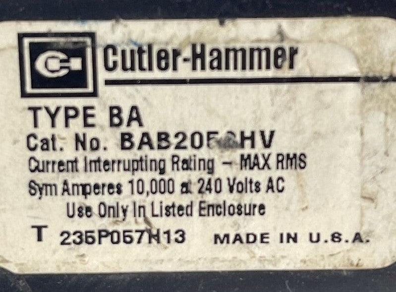CUTLER HAMMER / WESTINGHOUSE BAB2050HV CIRCUIT BREAKER 50AMP 2POLE 240VAC1