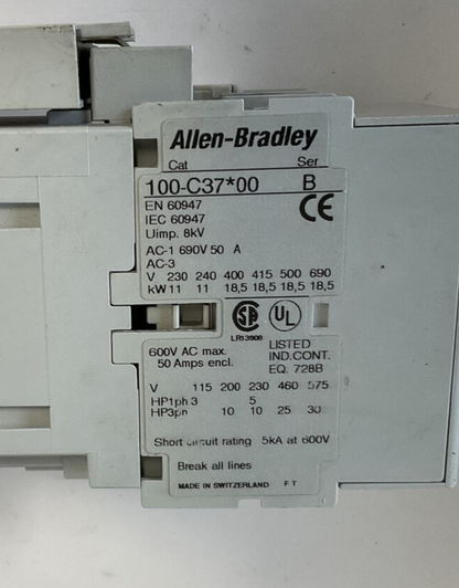 ALLEN BRADLEY 100-C37*00 CONTACTOR SER.B W/100-S SER.A 600VAC 50AMPS10