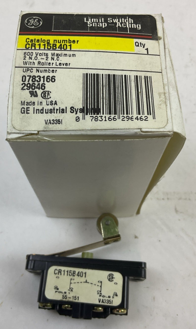 GE CR115B401 LIMIT SWITCH SNAP ACTING W/ROLLER LEVER 600V 2N.O.-2N.C.0