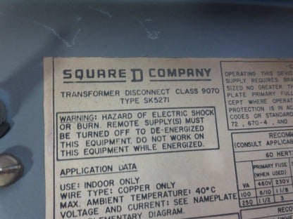 SQUARE D SK5271N TRANSFORMER DISCONNECT 600VAC 250VA/60Hz6