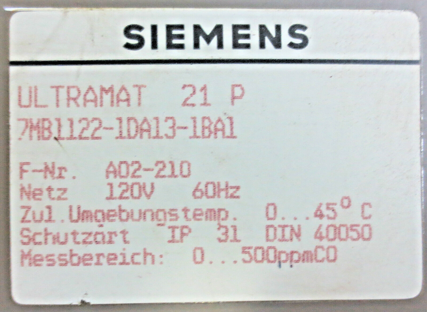 SIEMENS ULTRAMAT 21P - 7MB1122-1DA13-1BA1 - CO GAS ANALYZER - 120V , 60 HZ7