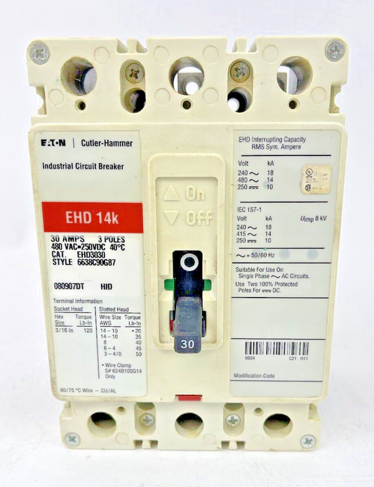 EATON CUTLER-HAMMER - EHD3030 - 30A, 480V EHD 14k CIRCUIT BREAKER - PRE-OWNED0