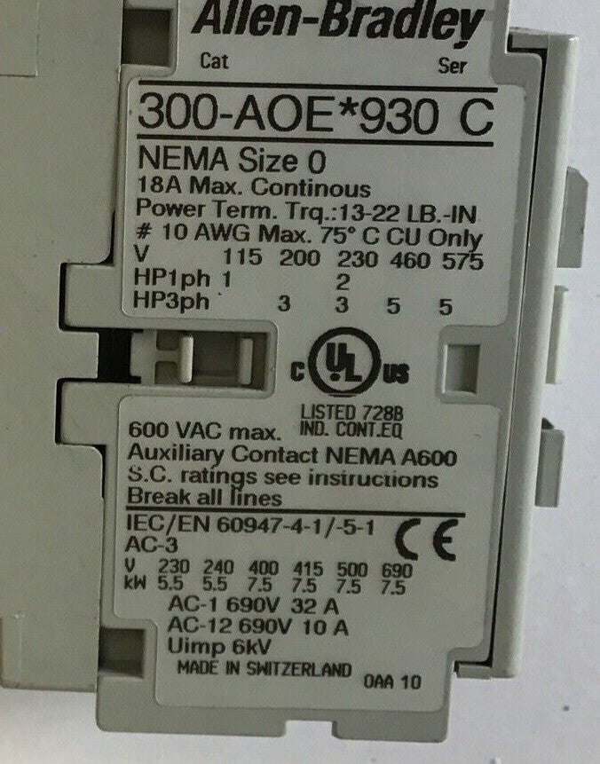 ALLEN BRADLEY 300-AOE*930 CONTACTOR SER.C 18A 600VAC 24VDC5