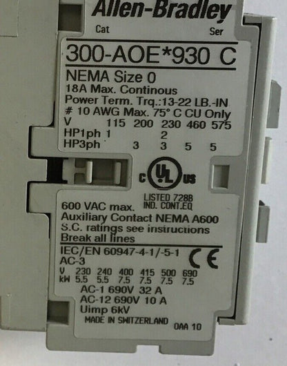 ALLEN BRADLEY 300-AOE*930 CONTACTOR SER.C 18A 600VAC 24VDC5