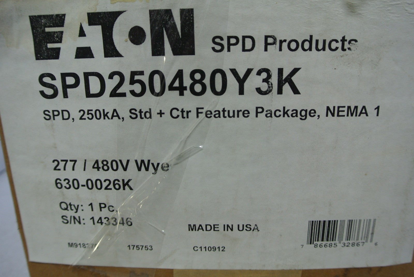 EATON SPD PRODUCTS SPD250480Y3K SURGE PROTECTIVE DEVICE - 277/480V WYE, 250kA1