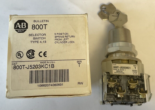 ALLEN BRADLEY 800T-J5203KC1B KEYED SELECTOR SWITCH 3POS. SRPING RETURN SER.T0