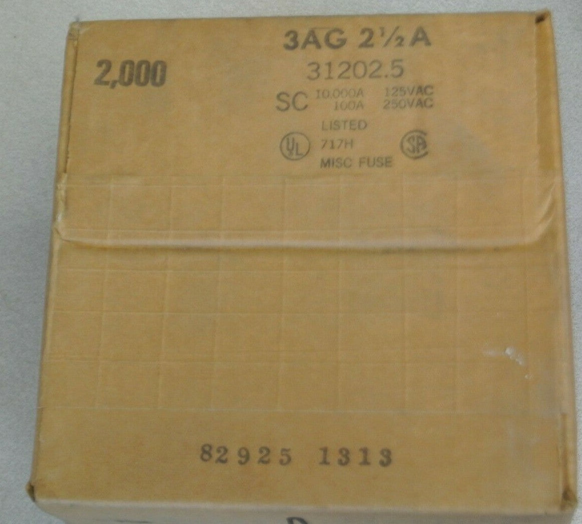 SEALED BOX of 2,000 LITTELFUSE / TRACOR 3AG 2-1/2A FUSE / 31202.5 / 10A @ 250VAC3