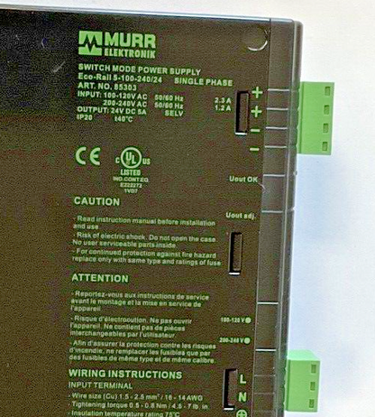 MURR ELEKTRONIK ECO-RAIL 5-100-240-24 SINGLE PHASE SWITCH MODE POWER SUPPLY 240V7