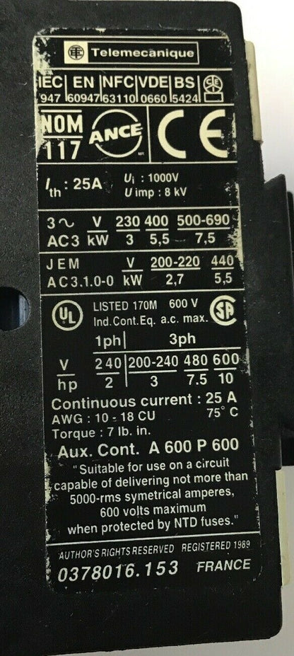 Telemecanique LP1-D12-10 Contactor 24v-dc 25a Amp 7-1/2hp Ac2