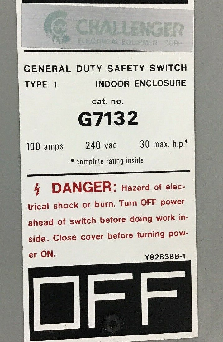 FEDERAL PACIFIC/CHALLENGER GEN DUTY SAFETY SWITCH G7132 100AMP 240VAC/250VDC 1