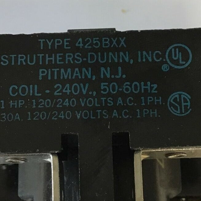 STRUTHERS-DUNN TYPE 425BXX RELAY COIL 240V 50-60HZ 1HP 30A 120/240VAC2
