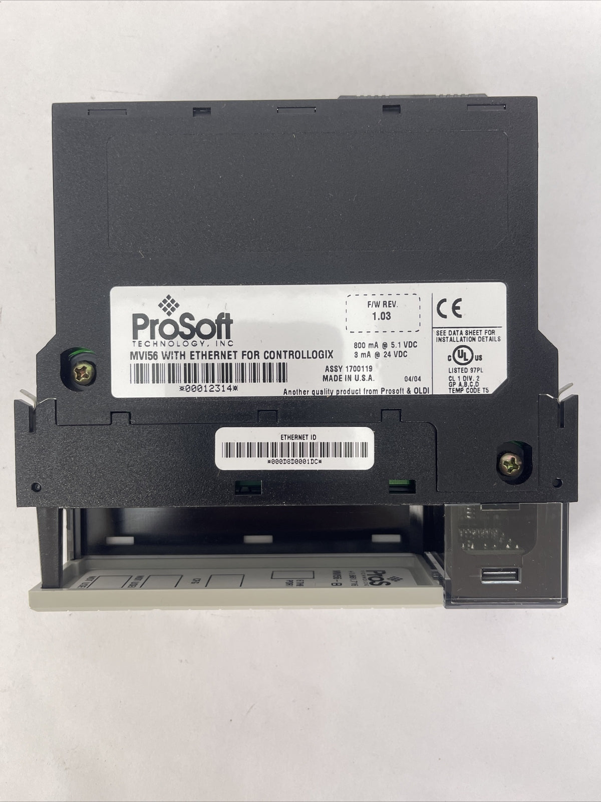 PROSOFT MVI56 WITH ETHRNET FOR CONTROLLOGIX F/W REV 1.03 3mA@24VDC 800mA@5.1VDC3
