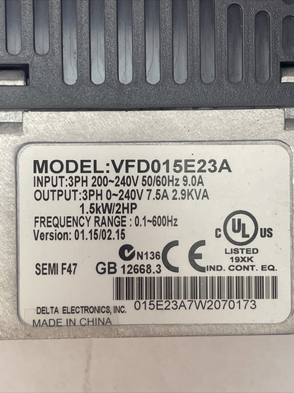 DELTA VFD015E23A VARIABLE FREQUENCY DRIVE OUTPUT 0-240VAC 7.5A 2.9KVA INPUT 200-1