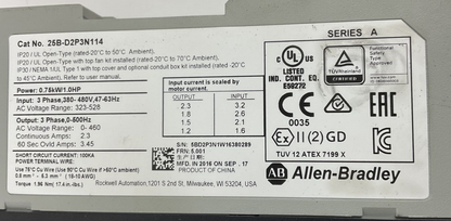 ALLEN BRADLEY 25B-D2P3N114 POWERFLEX SER.A FRN5.001 3PH 480V 63HZ7