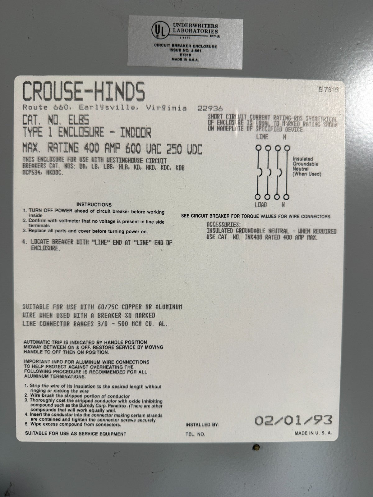 CROUSE-HINDS ELB5 TYPE 1 CIRCUIT BREAKER ENCLOSURE INDOOR 400A 600VAC 250VDC1