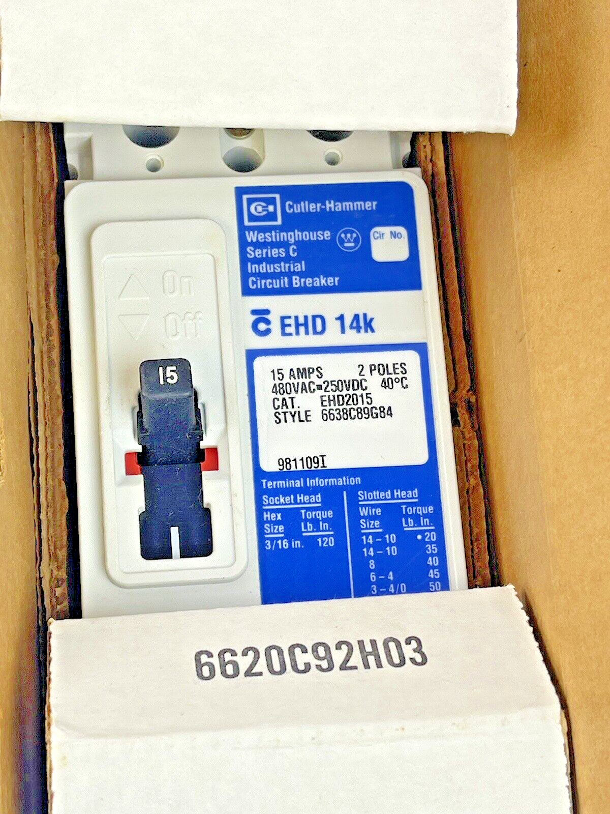 CUTLER HAMMER - WESTINGHOUSE - EHD2015 -  CIRCUIT BREAKER - 15A/2 POLE/480 VAC2