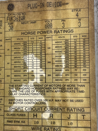 GE FVK361WR BUSWAY FLEX-A-PLUG STYLE 4 30AMP 600V 3PH 3W 20HP PLUG-IN DEVICE11