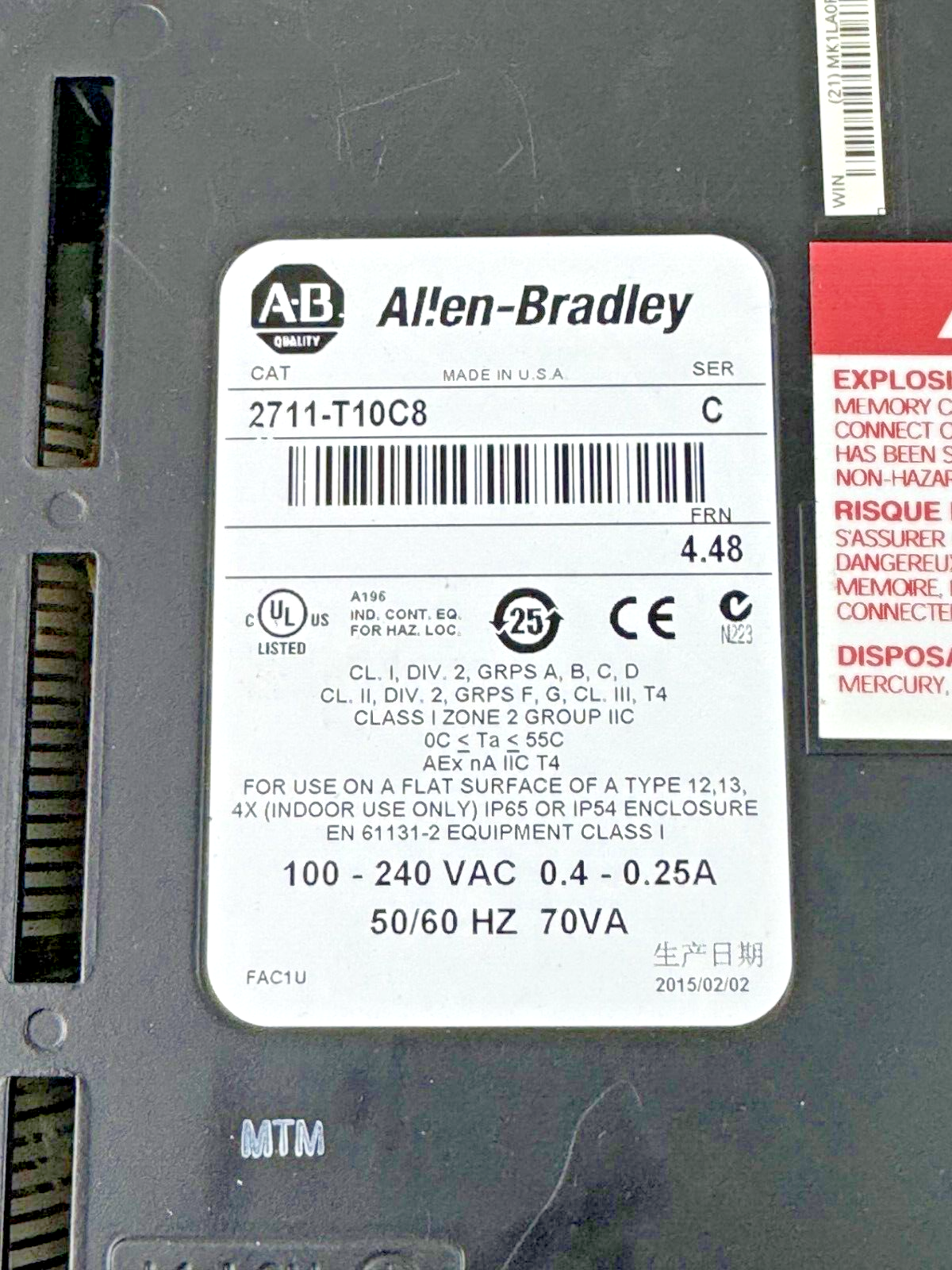 ALLEN-BRADLEY - 2711-T10C8 SER. C/FRN 4.48 - PANELVIEW 1000 ASSEMBLED TERM5