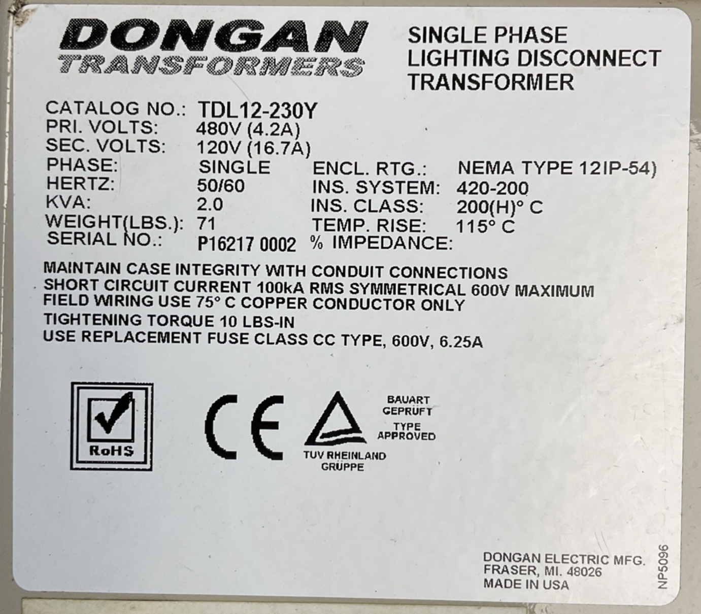 DONGAN TDL12-230Y SINGLE PHASE LIGHTING DISCONNECT TRANSFORMER 2KVA PRI 480V SEC1