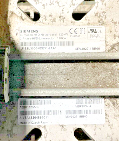 SIEMENS 6SL3000-0DE31-2AA1 HFD LINE REACTOR 120KW 4EV3027-1BB001