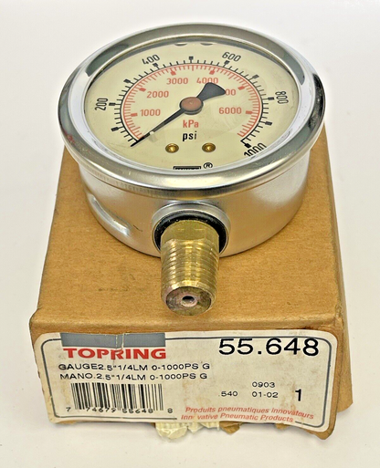 TOPRING - 55.648 - PRESSURE GAUGE - 2.5" DIAMETER, 1/4" LM, 0-1000 PSI0