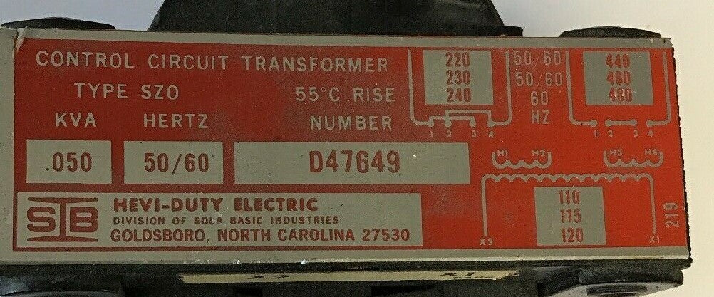 HEVI-DUTY D47649 TYPE SZO KVA.050 50/60HZ  CONTROL CIRCUIT TRANSFORMER1
