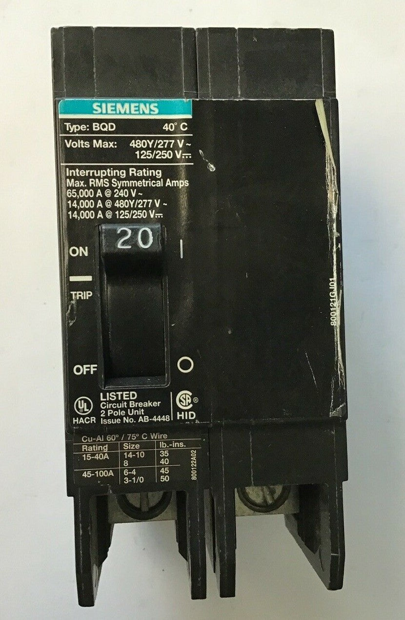 SIEMENS BQD220 CIRCUIT BREAKER 20AMP0