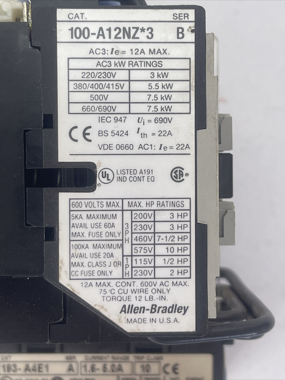 ALLEN BRADLEY 104-A12NZ243 SER A REVERSING STARTER 12AMP 600VAC 10HP COIL 24VDC5