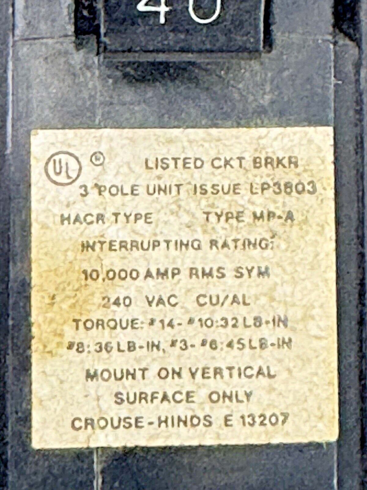 CROUSE-HINDS - MP-A340 - CIRCUIT BREAKER - 40A, 3 POLE, 240 VAC, MP-A-3401