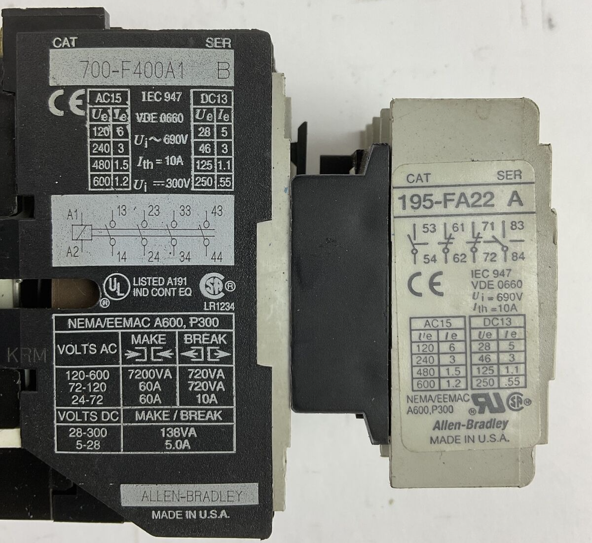 ALLEN BRADLEY 700-F400A1 SER B CONTACTOR 600VAC 300VDC 10A COIL 120V 195-FA221