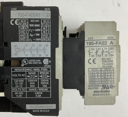 ALLEN BRADLEY 700-F400A1 SER B CONTACTOR 600VAC 300VDC 10A COIL 120V 195-FA221