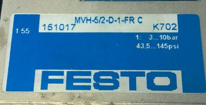 FESTO MVH-5/2-D-1-FR-C SOLENIOD VALVE W/FESTO MSV-3 20,4-26,4VDC 2,5W1