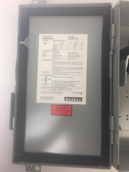 MURRAY HU361AJ HEAVY DUTY ENCLOSED SWITCH 30AMP 600VAC 3 PHASE 20HP TYPE 12 4