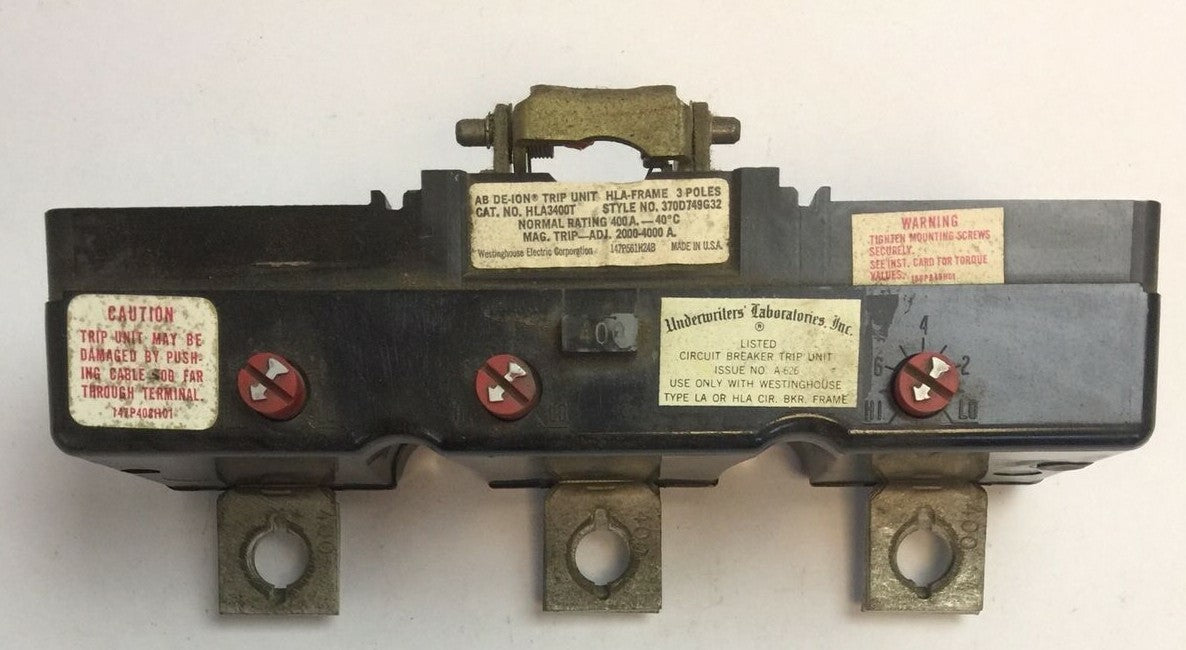 WESTINGHOUSE JKL3400T AB DE-ION TRIP UNIT 400AMP INST TRIP 2000-4000A 370D749G320