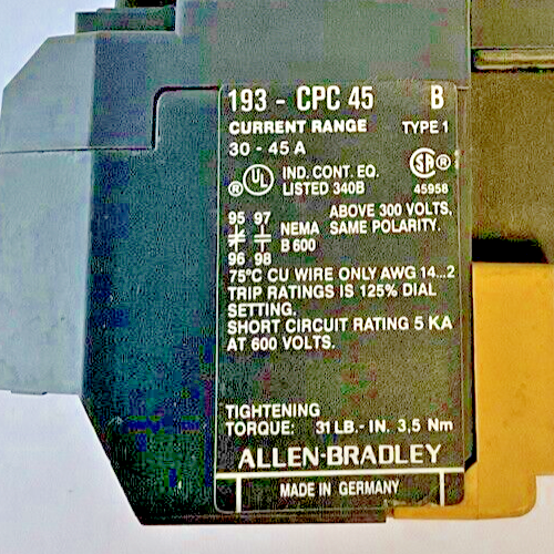 ALLEN BRADLEY 193-CPC45 OVERLOAD RELAY SER.B 30-45A1