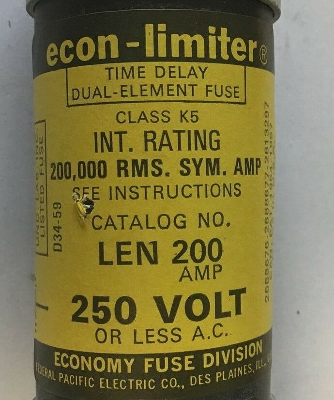 ECONOMY LEN 200 FUSE CLASS K5 200A 250VAC ECON-LIMITER TIME DELAY3