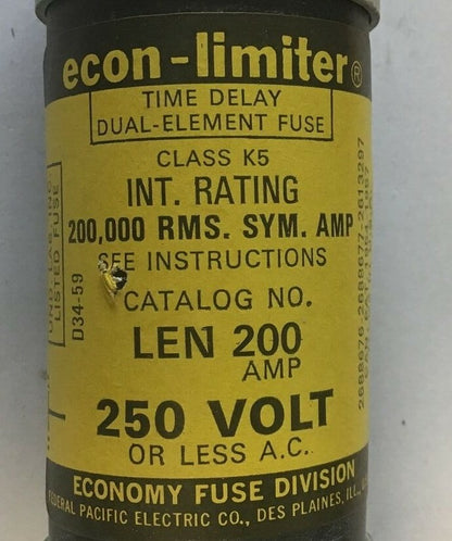 ECONOMY LEN 200 FUSE CLASS K5 200A 250VAC ECON-LIMITER TIME DELAY3