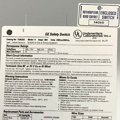 GE TGN3322 SAFETY SWITCH MODEL 8 240VAC/250VDC 60A TYPE 1 NON FUSIBLE 15HP2