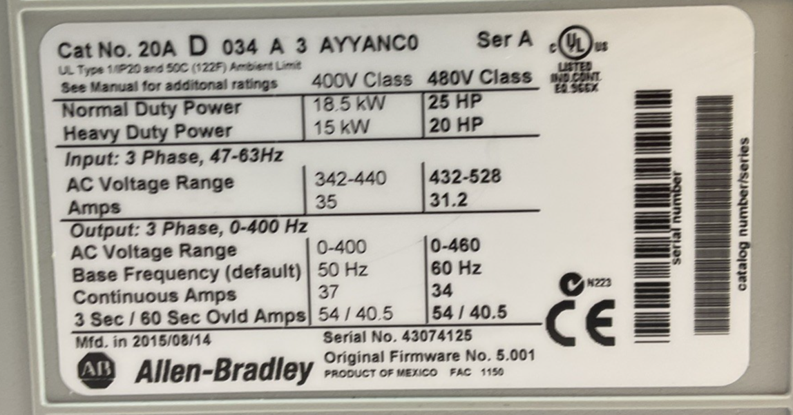 ALLEN BRADLEY 20AD034A3AYYANC0 SER A FIRMWARE 5.001 AC DRIVE 25HP2
