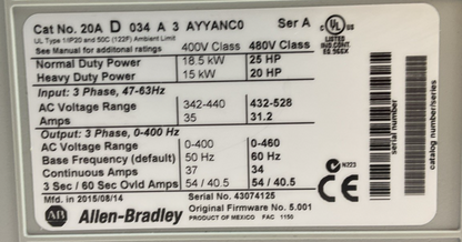 ALLEN BRADLEY 20AD034A3AYYANC0 SER A FIRMWARE 5.001 AC DRIVE 25HP2