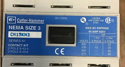 CUTLER HAMMER CONTACTOR CN15KN3 NEMA SIZE 3 SER. A1 W/ C320KGS32 AUX. CONTACT1