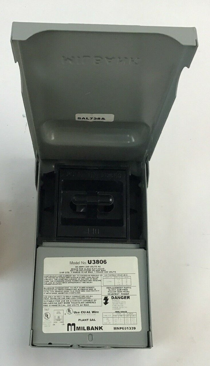 MILBANK ENCLOSURE 60A  1PH 240VAC U3806 3HP STD. 10HP MAX1