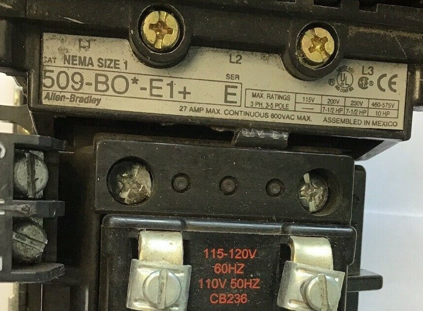 ALLEN-BRADLEY 509-BO*-E1+ SIZE 1 STARTER 120 V COIL  W/592-EECC W/595-A SER.C1