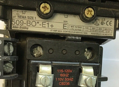 ALLEN-BRADLEY 509-BO*-E1+ SIZE 1 STARTER 120 V COIL  W/592-EECC W/595-A SER.C1