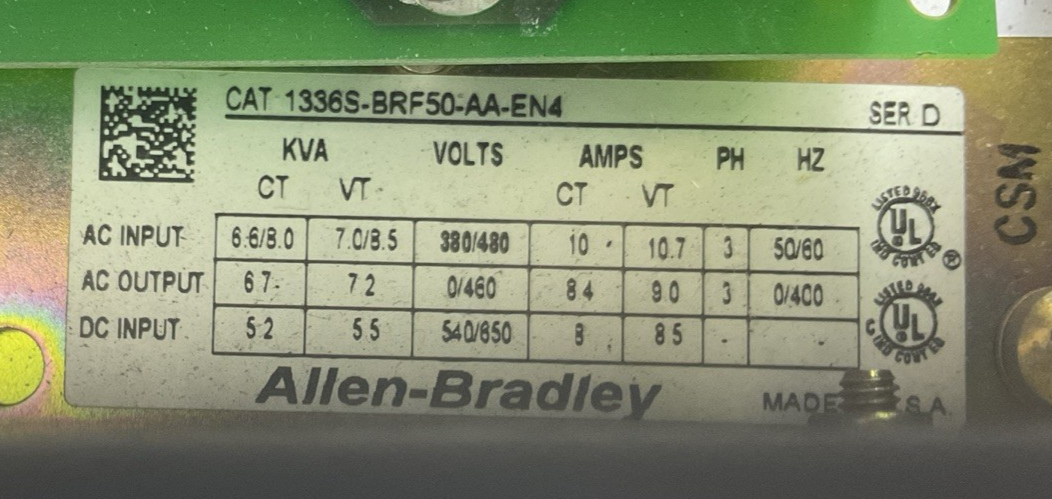ALLEN BRADLEY 1336S-BRF50-AA-EN4 1336 PLUS SENSORLESS VECTOR DRIVE SER D1