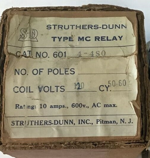 STRUTHERS-DUNN 601-4-4S0 TYPE MC RELAY 120V 50-60CY 10A 600VAC1