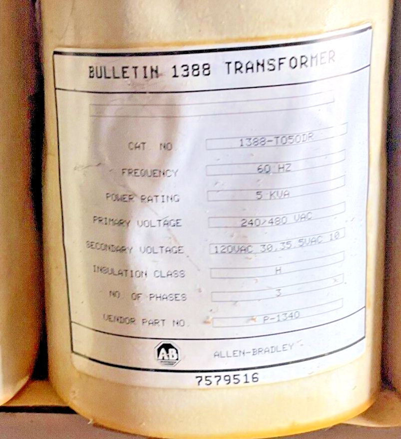 ALLEN BRADLEY 1388-T050DR TRANSFORMER 60HZ 240/480VAC 3PHASE 5KVA1